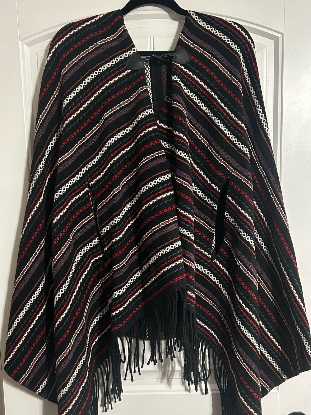 Cripple Creek Fringe-Trim Striped Poncho Sweater - Black, Red & Cream